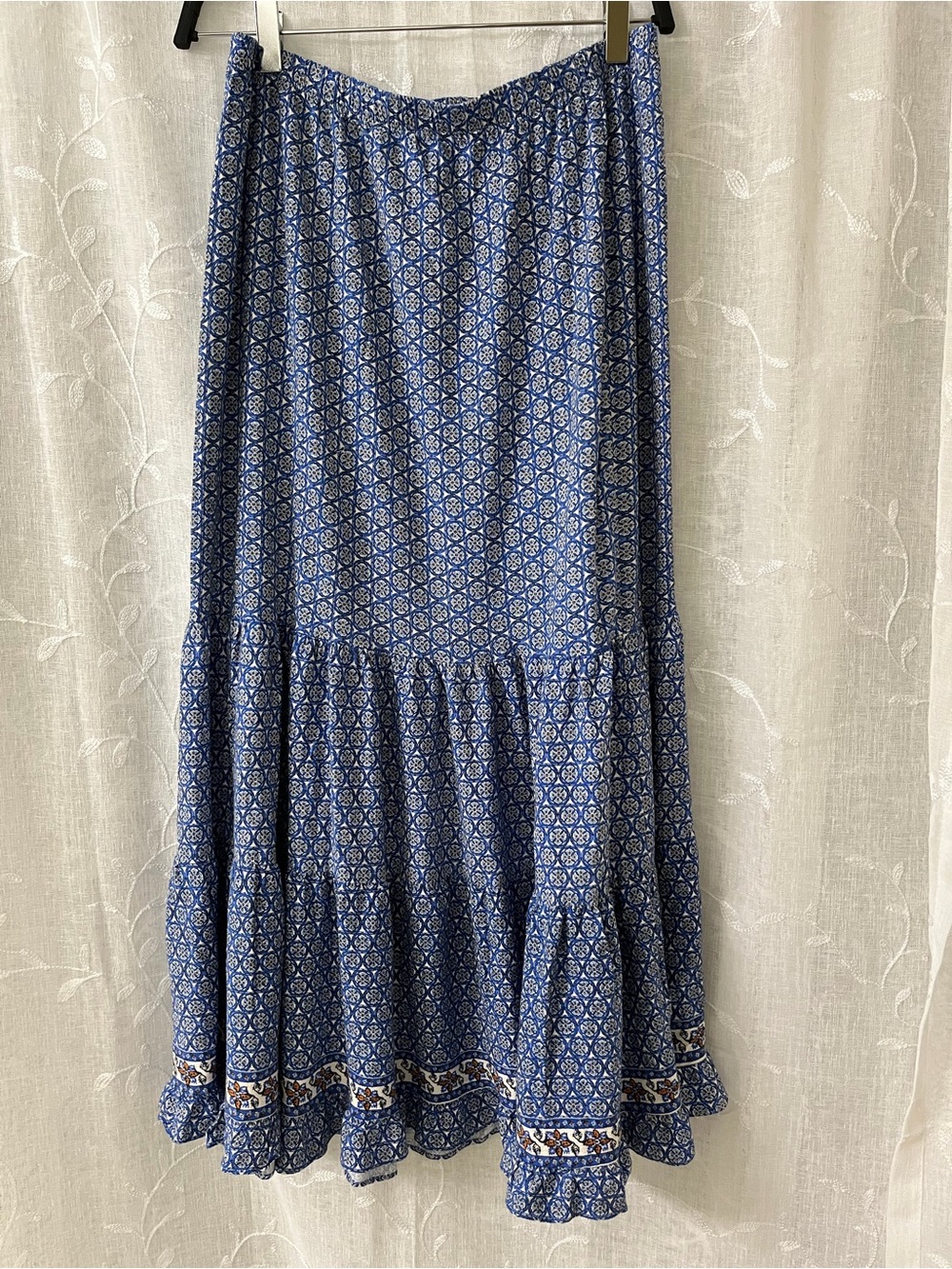 Max Studio Blue Patterned Tiered Maxi Skirt Size Medium